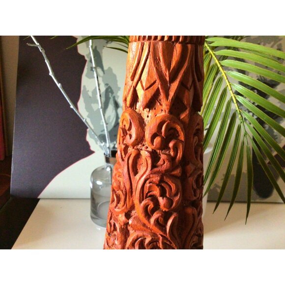Vintage Vase Ornate Floral Hand Carvings Wooden 10" x 4"  Made In Thailand - Picture 12 of 14